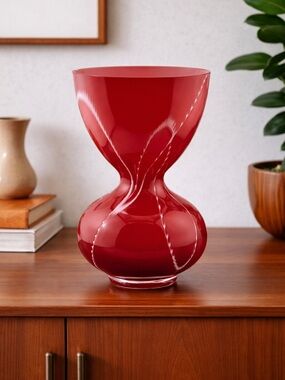 Red Art BX Glass Vase w/ White Twist Swirl ~ 10”